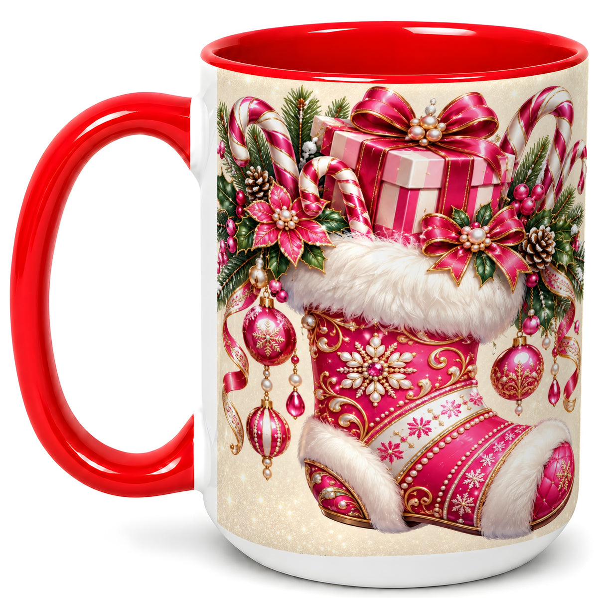 #pl[15oz|Red] Pink Christmas Stocking Coffee Mug, Candy Cane Mug, Ceramic Cup