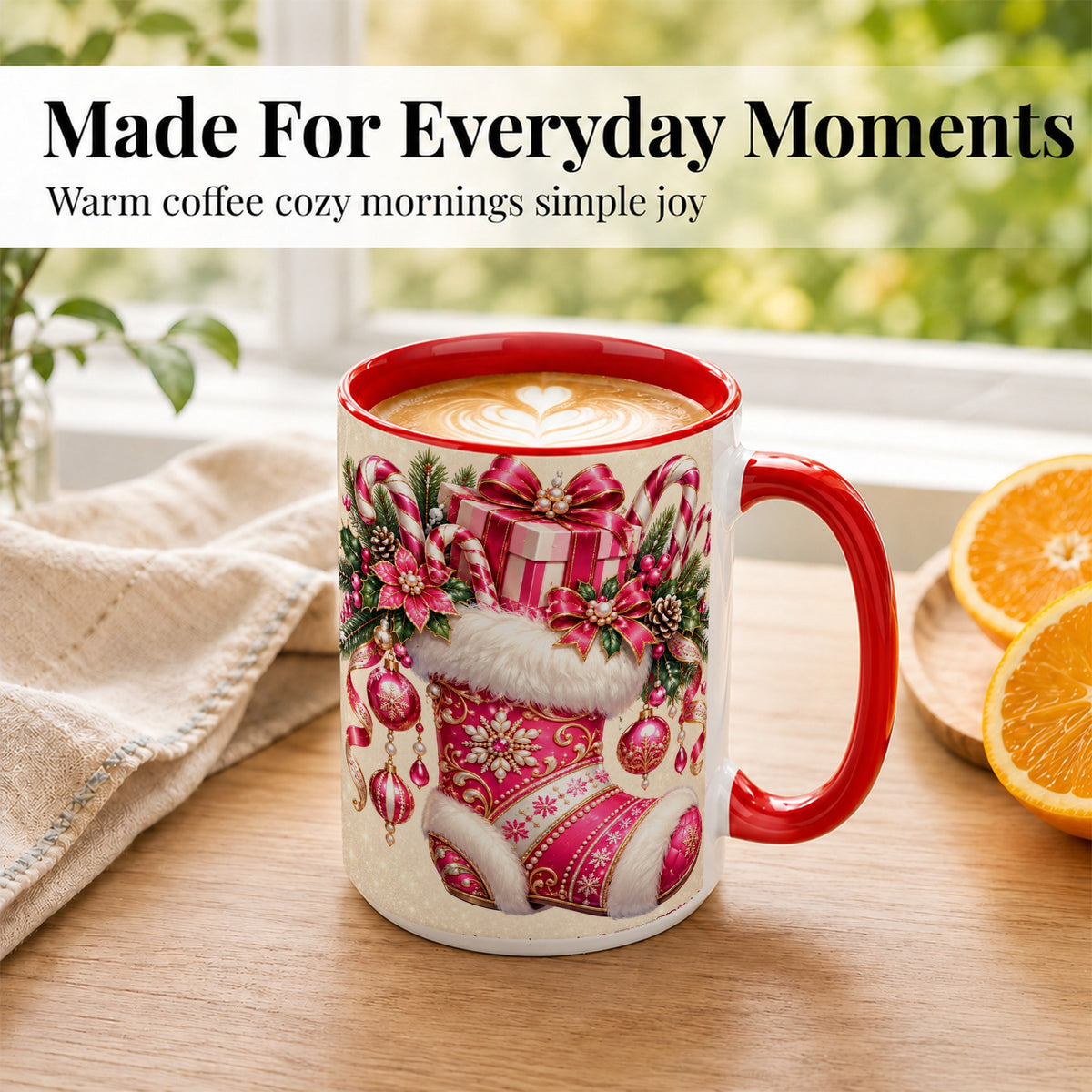 #pl[15oz|Red] Pink Christmas Stocking Coffee Mug, Candy Cane Mug, Ceramic Cup