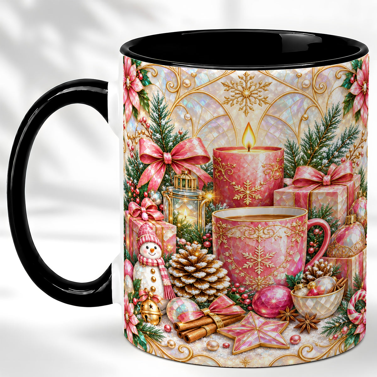 #pl[11oz|Black] Pink Christmas Coffee Mug, Snowman Holiday Mug, Ceramic Cup