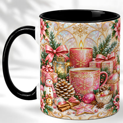 #pl[11oz|Black] Pink Christmas Coffee Mug, Snowman Holiday Mug, Ceramic Cup
