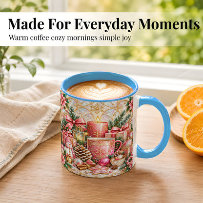 #pl[11oz|Blue] Pink Christmas Coffee Mug, Snowman Holiday Mug, Ceramic Cup