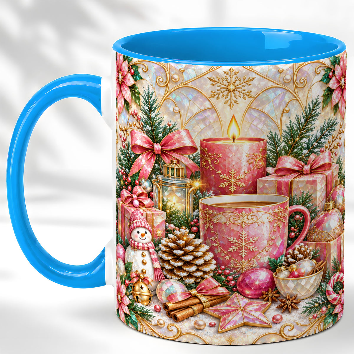 #pl[11oz|Blue] Pink Christmas Coffee Mug, Snowman Holiday Mug, Ceramic Cup