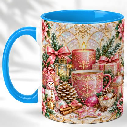 #pl[11oz|Blue] Pink Christmas Coffee Mug, Snowman Holiday Mug, Ceramic Cup