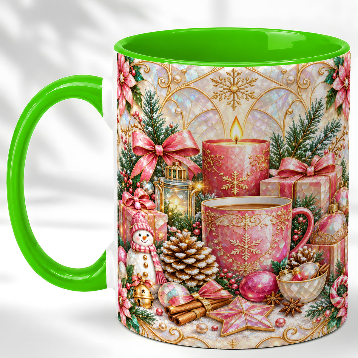 #pl[11oz|Green] Pink Christmas Coffee Mug, Snowman Holiday Mug, Ceramic Cup