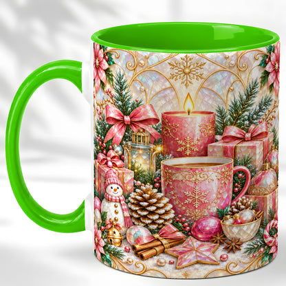 #pl[11oz|Green] Pink Christmas Coffee Mug, Snowman Holiday Mug, Ceramic Cup