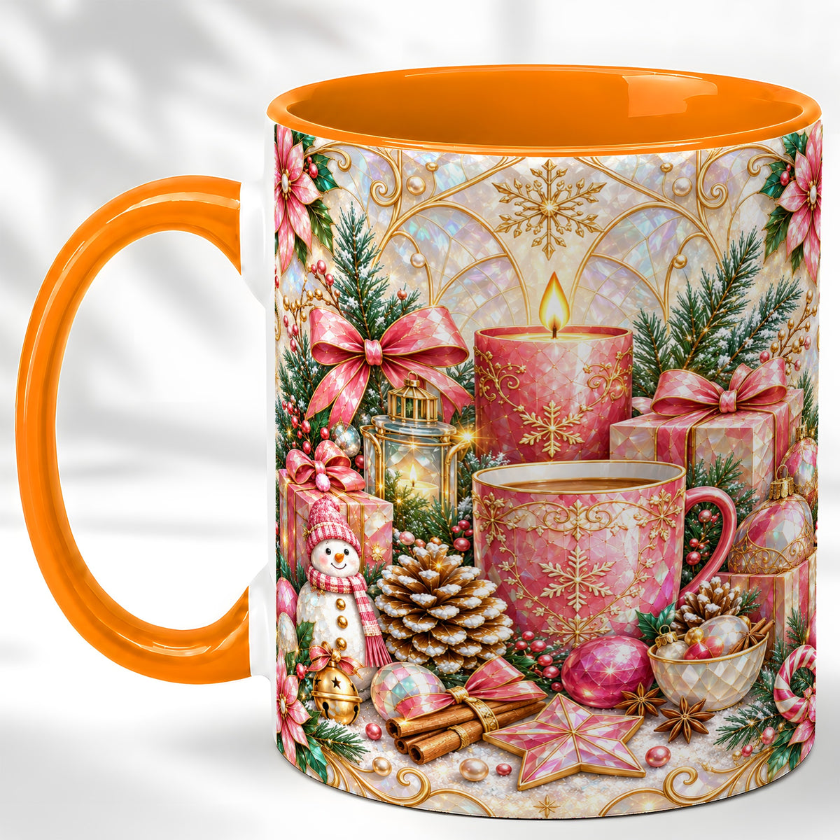 #pl[11oz|Orange] Pink Christmas Coffee Mug, Snowman Holiday Mug, Ceramic Cup