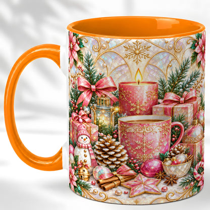 #pl[11oz|Orange] Pink Christmas Coffee Mug, Snowman Holiday Mug, Ceramic Cup