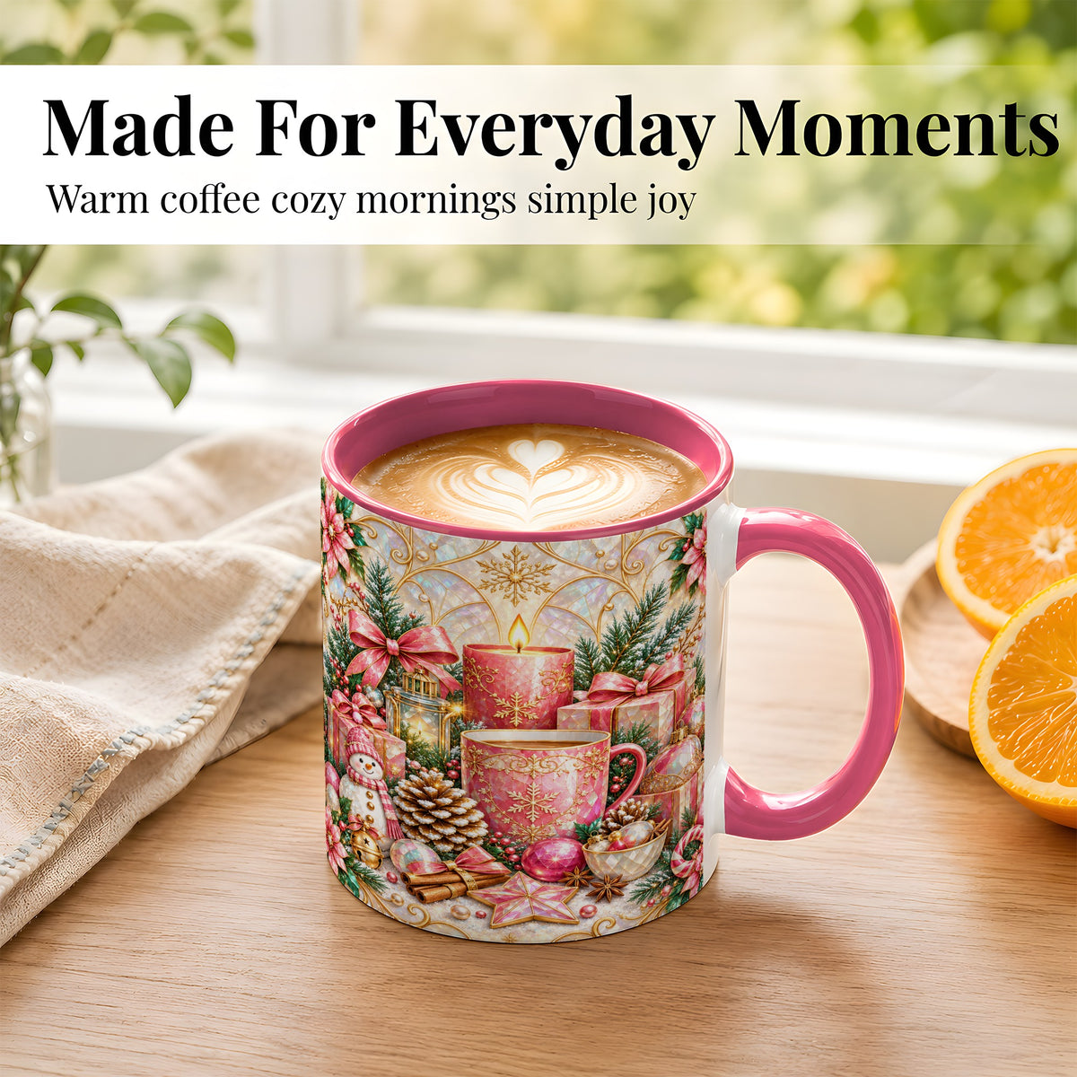 #pl[11oz|Pink] Pink Christmas Coffee Mug, Snowman Holiday Mug, Ceramic Cup