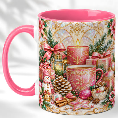 #pl[11oz|Pink] Pink Christmas Coffee Mug, Snowman Holiday Mug, Ceramic Cup