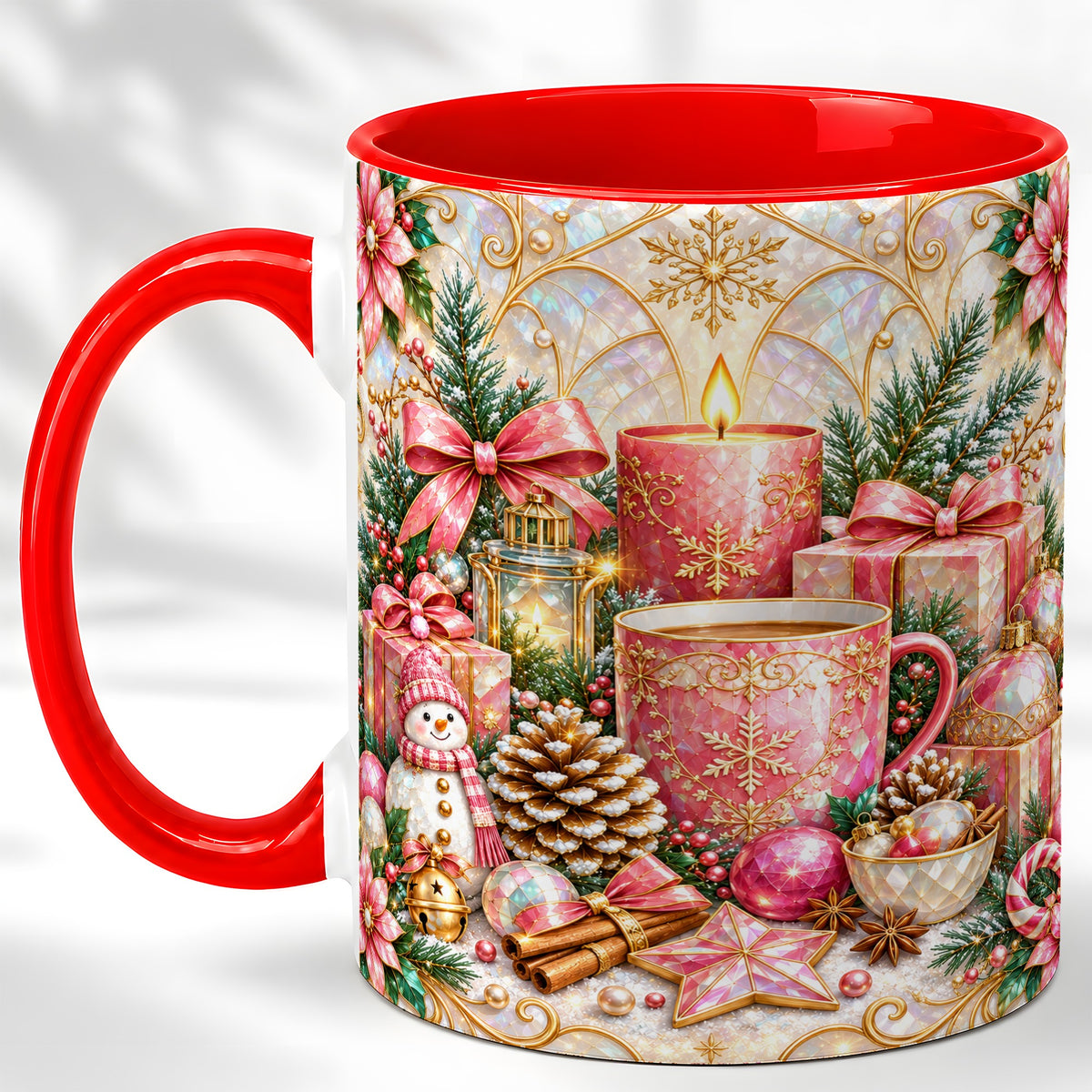 Pink Christmas Coffee Mug, Snowman Holiday Mug, Ceramic Cup
