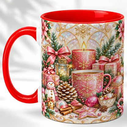 Pink Christmas Coffee Mug, Snowman Holiday Mug, Ceramic Cup