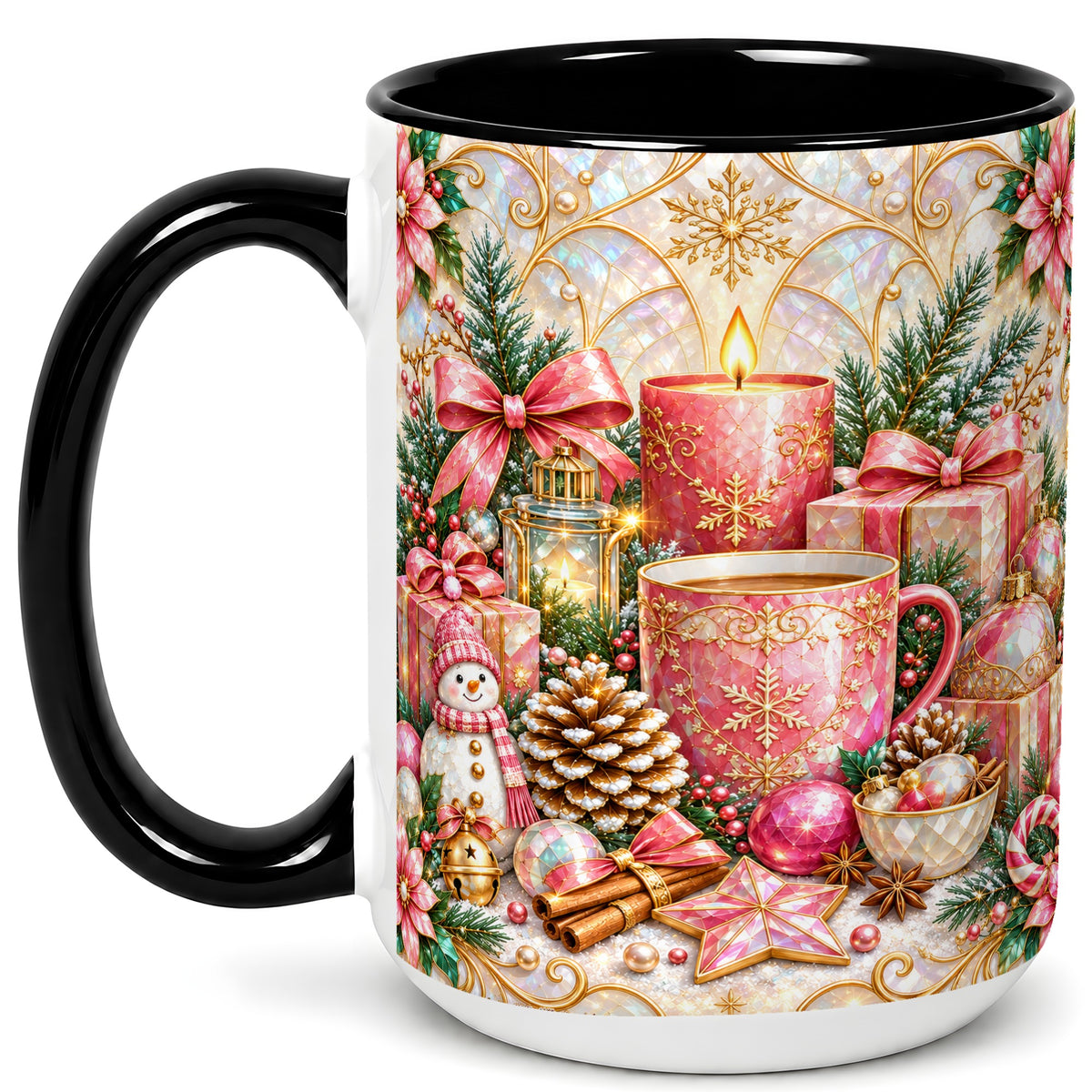 #pl[15oz|Black] Pink Christmas Coffee Mug, Snowman Holiday Mug, Ceramic Cup