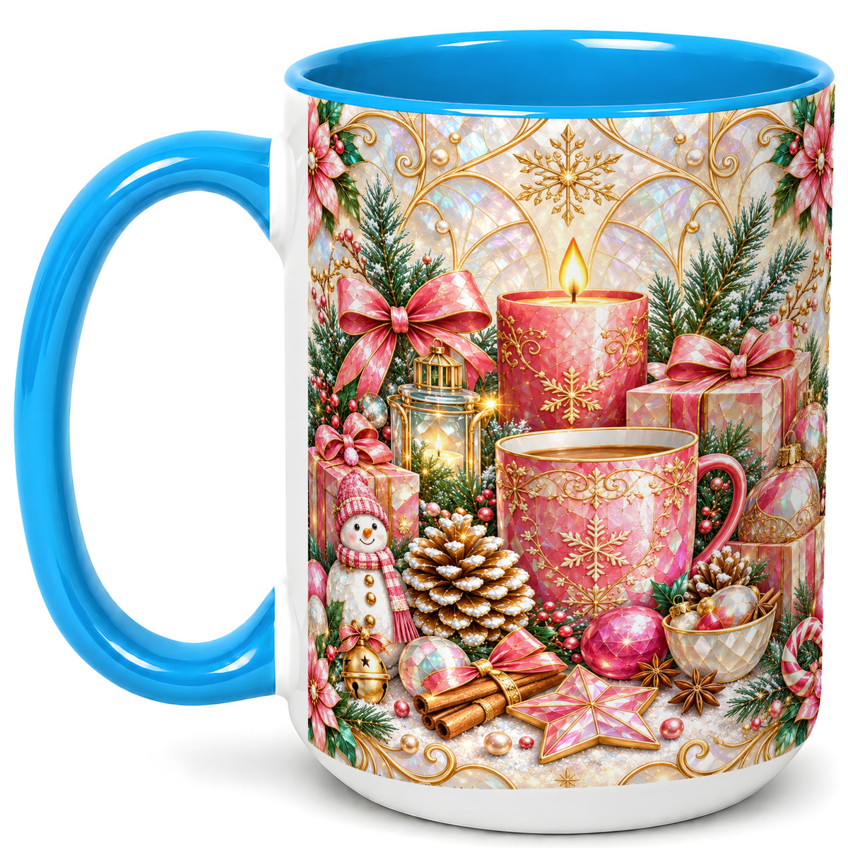 #pl[15oz|Blue] Pink Christmas Coffee Mug, Snowman Holiday Mug, Ceramic Cup