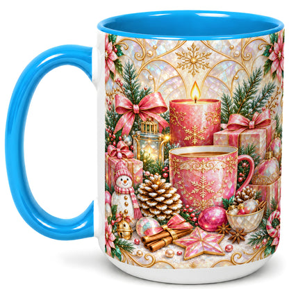 #pl[15oz|Blue] Pink Christmas Coffee Mug, Snowman Holiday Mug, Ceramic Cup