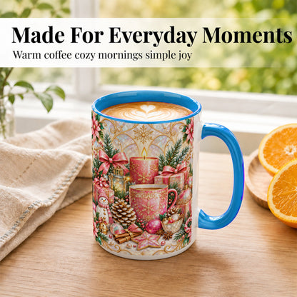 #pl[15oz|Blue] Pink Christmas Coffee Mug, Snowman Holiday Mug, Ceramic Cup