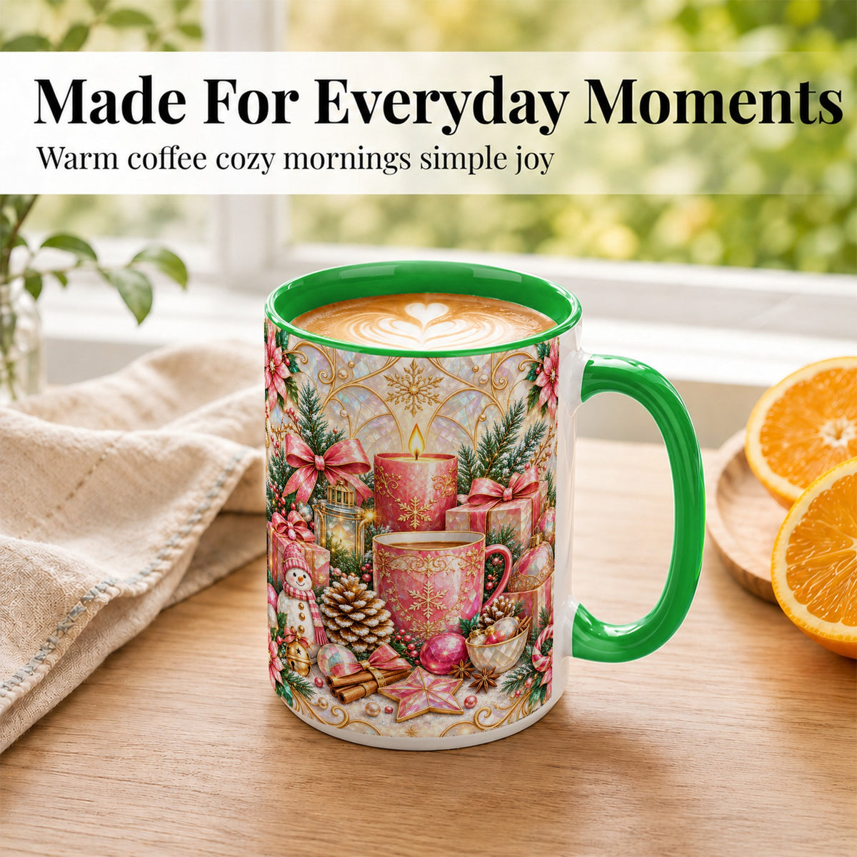 #pl[15oz|Green] Pink Christmas Coffee Mug, Snowman Holiday Mug, Ceramic Cup