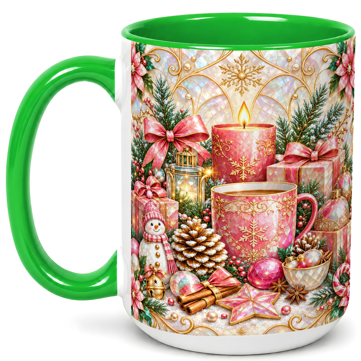 #pl[15oz|Green] Pink Christmas Coffee Mug, Snowman Holiday Mug, Ceramic Cup