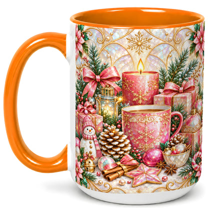 #pl[15oz|Orange] Pink Christmas Coffee Mug, Snowman Holiday Mug, Ceramic Cup