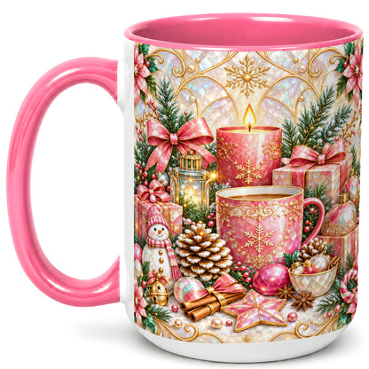 #pl[15oz|Pink] Pink Christmas Coffee Mug, Snowman Holiday Mug, Ceramic Cup