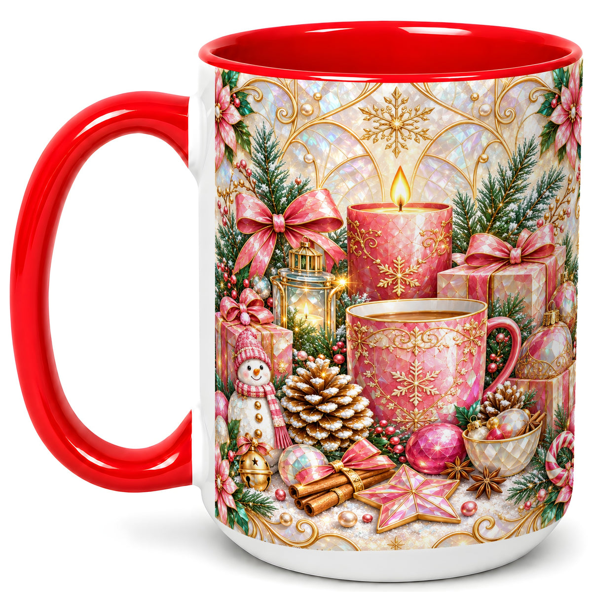 #pl[15oz|Red] Pink Christmas Coffee Mug, Snowman Holiday Mug, Ceramic Cup