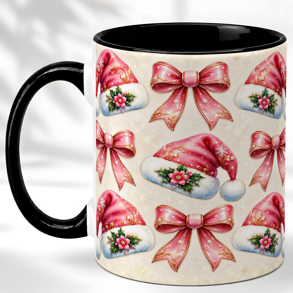 #pl[11oz|Black] Pink Santa Hat Coffee Mug, Holiday Bow Mug, Ceramic Cup