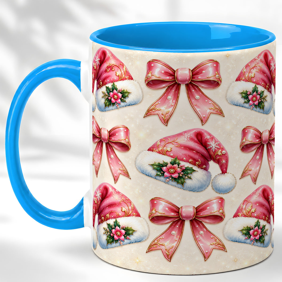 #pl[11oz|Blue] Pink Santa Hat Coffee Mug, Holiday Bow Mug, Ceramic Cup