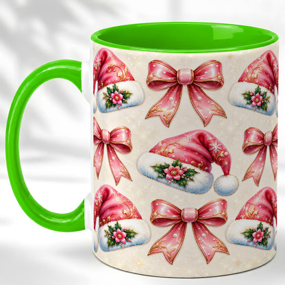#pl[11oz|Green] Pink Santa Hat Coffee Mug, Holiday Bow Mug, Ceramic Cup