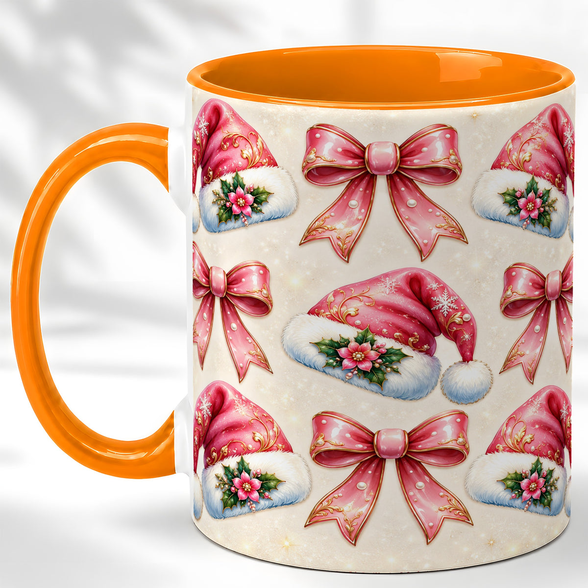#pl[11oz|Orange] Pink Santa Hat Coffee Mug, Holiday Bow Mug, Ceramic Cup