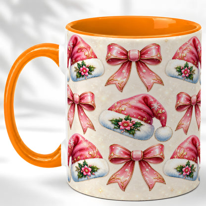 #pl[11oz|Orange] Pink Santa Hat Coffee Mug, Holiday Bow Mug, Ceramic Cup