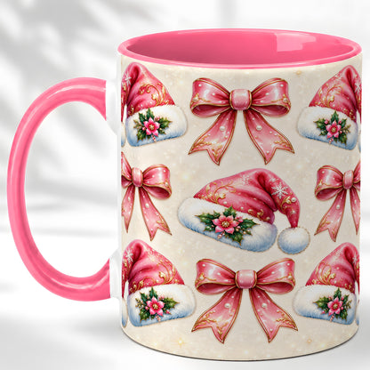#pl[11oz|Pink] Pink Santa Hat Coffee Mug, Holiday Bow Mug, Ceramic Cup