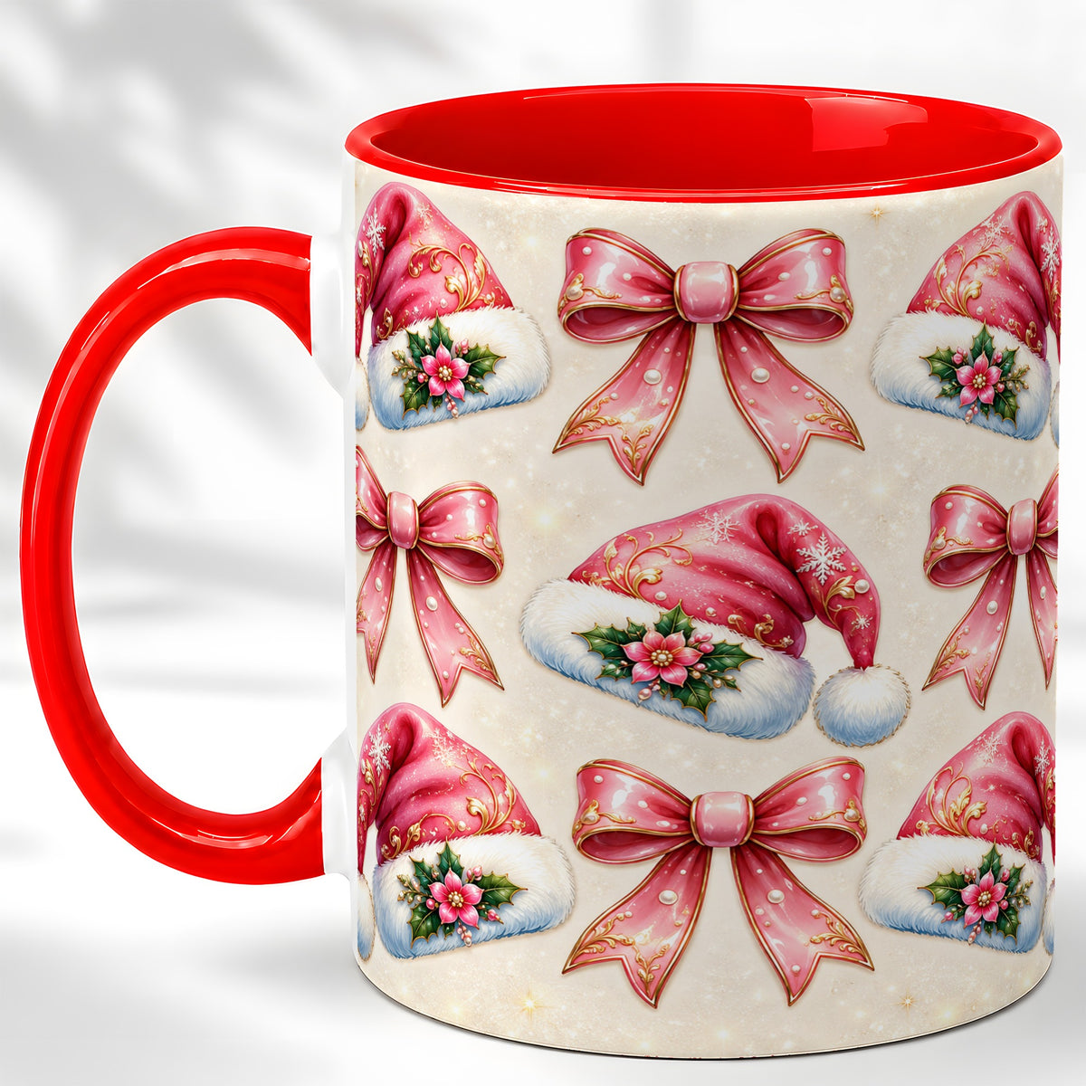 Pink Santa Hat Coffee Mug, Holiday Bow Mug, Ceramic Cup