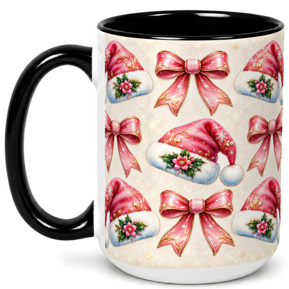 #pl[15oz|Black] Pink Santa Hat Coffee Mug, Holiday Bow Mug, Ceramic Cup