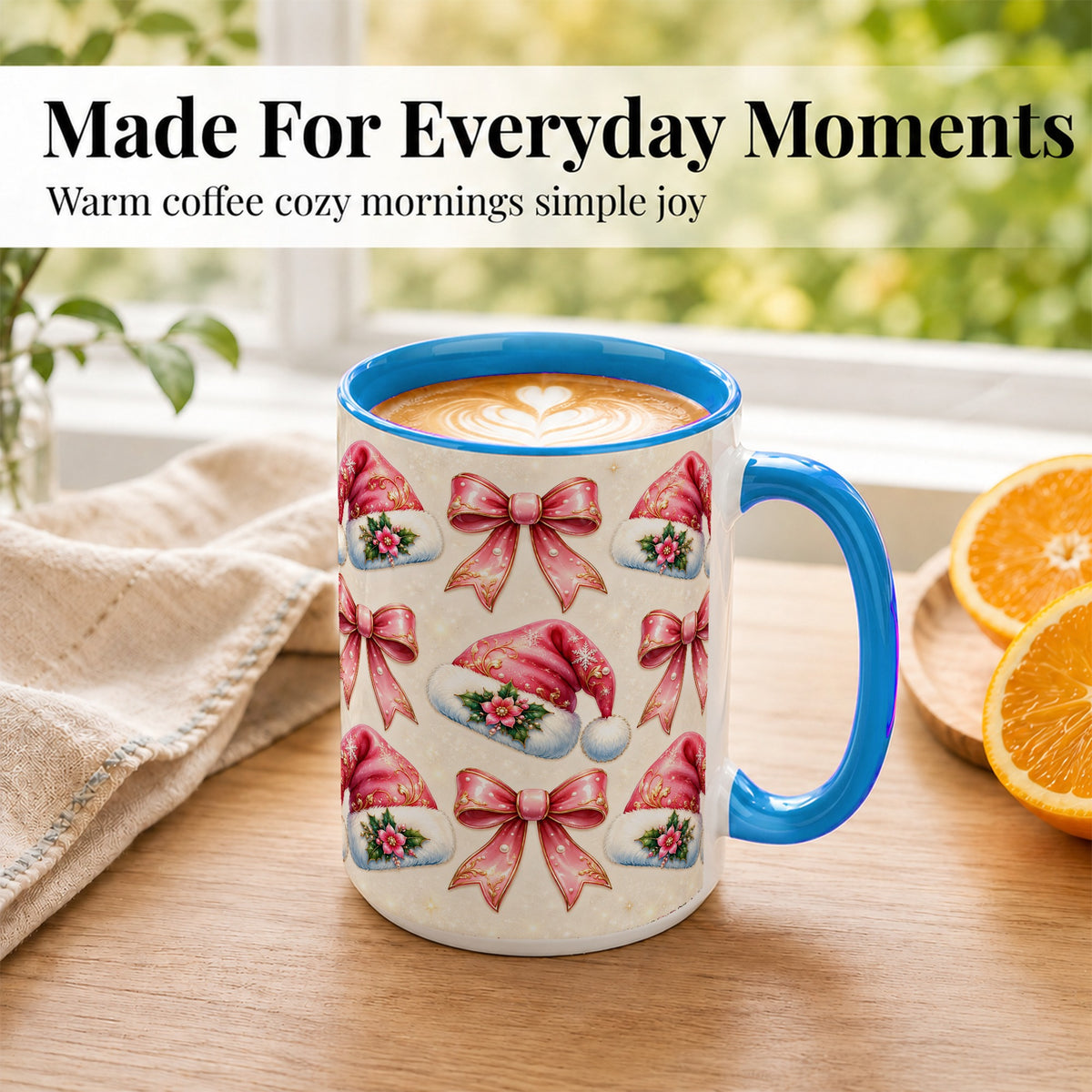 #pl[15oz|Blue] Pink Santa Hat Coffee Mug, Holiday Bow Mug, Ceramic Cup