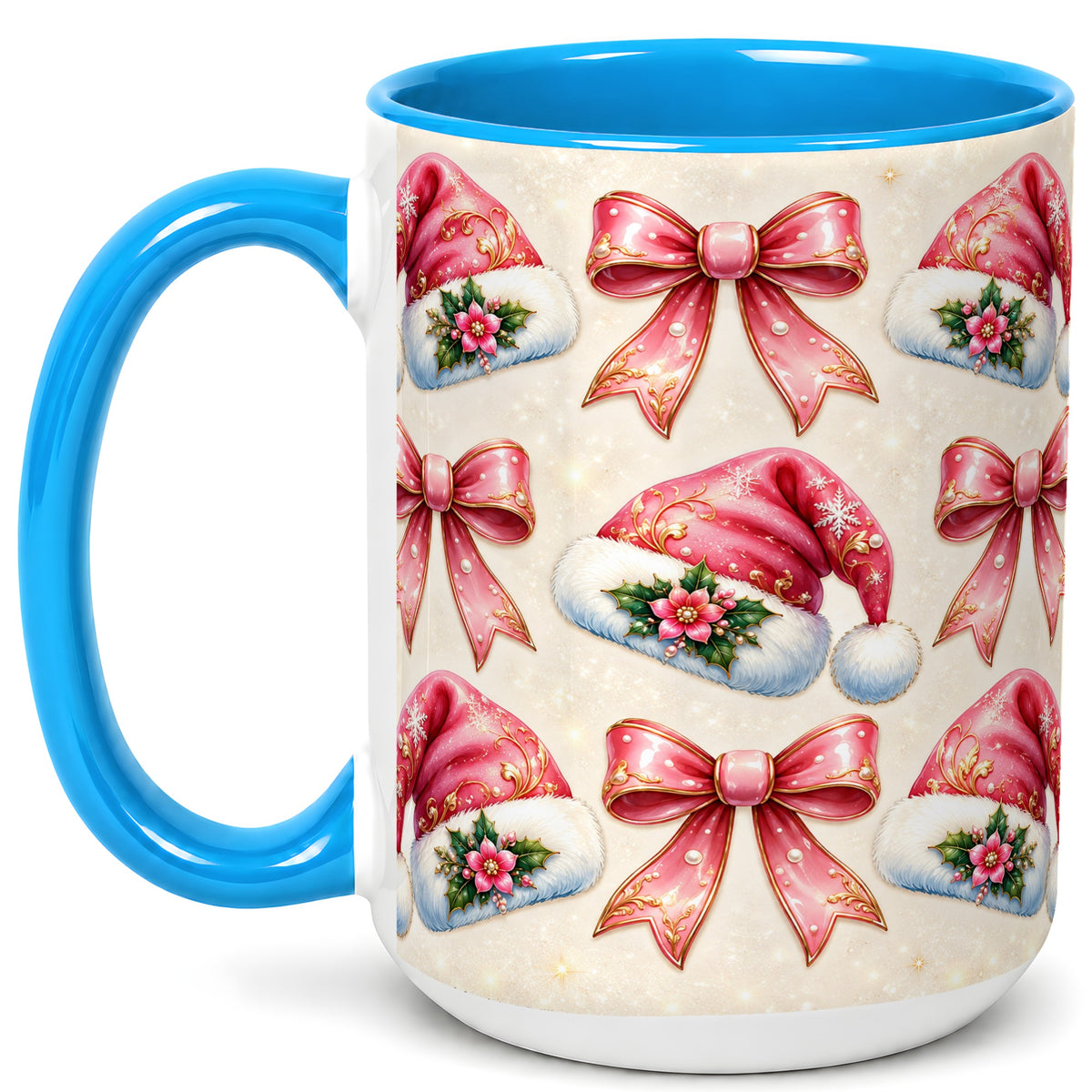 #pl[15oz|Blue] Pink Santa Hat Coffee Mug, Holiday Bow Mug, Ceramic Cup