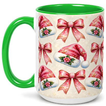#pl[15oz|Green] Pink Santa Hat Coffee Mug, Holiday Bow Mug, Ceramic Cup