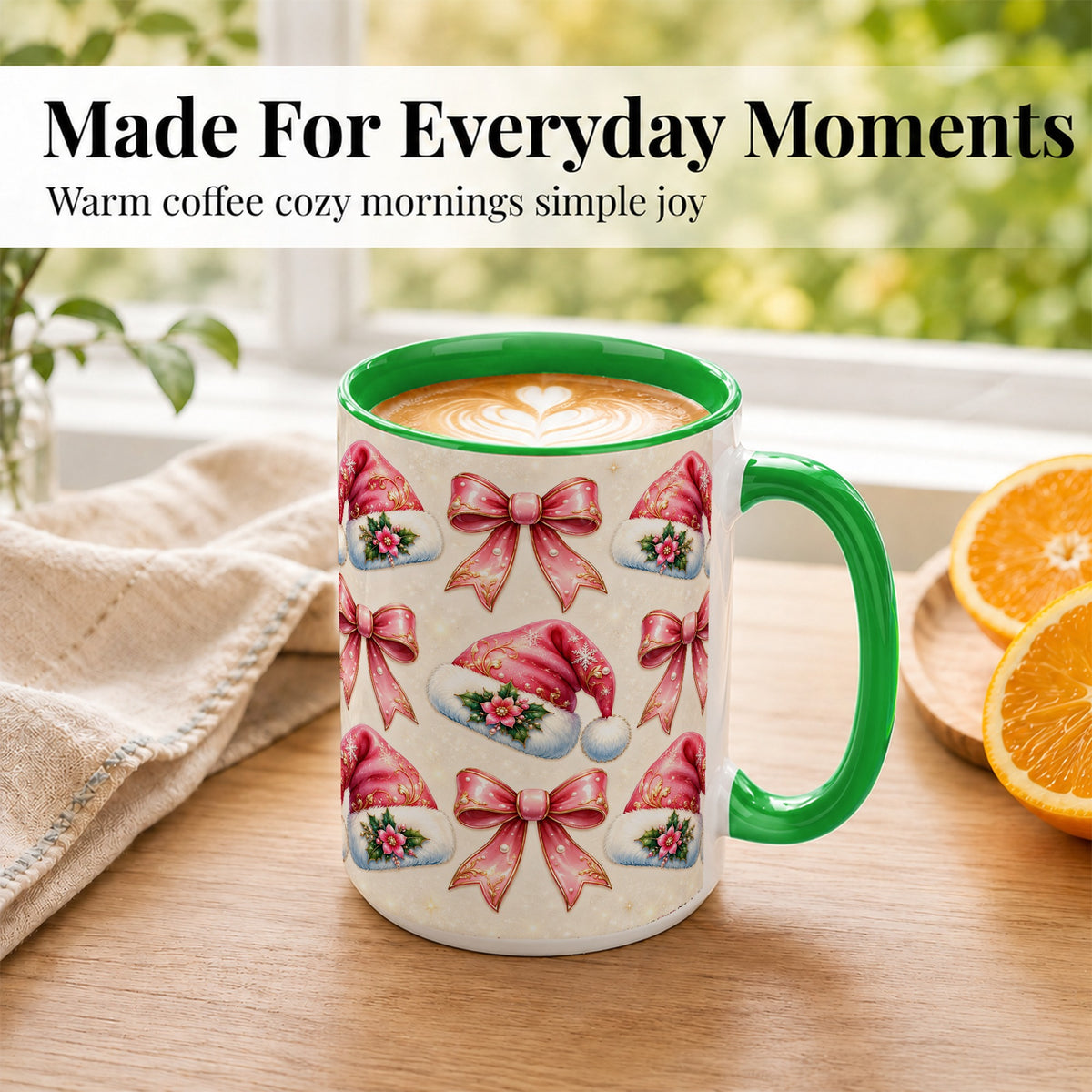 #pl[15oz|Green] Pink Santa Hat Coffee Mug, Holiday Bow Mug, Ceramic Cup