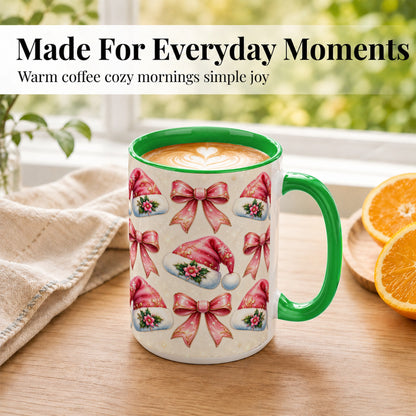 #pl[15oz|Green] Pink Santa Hat Coffee Mug, Holiday Bow Mug, Ceramic Cup