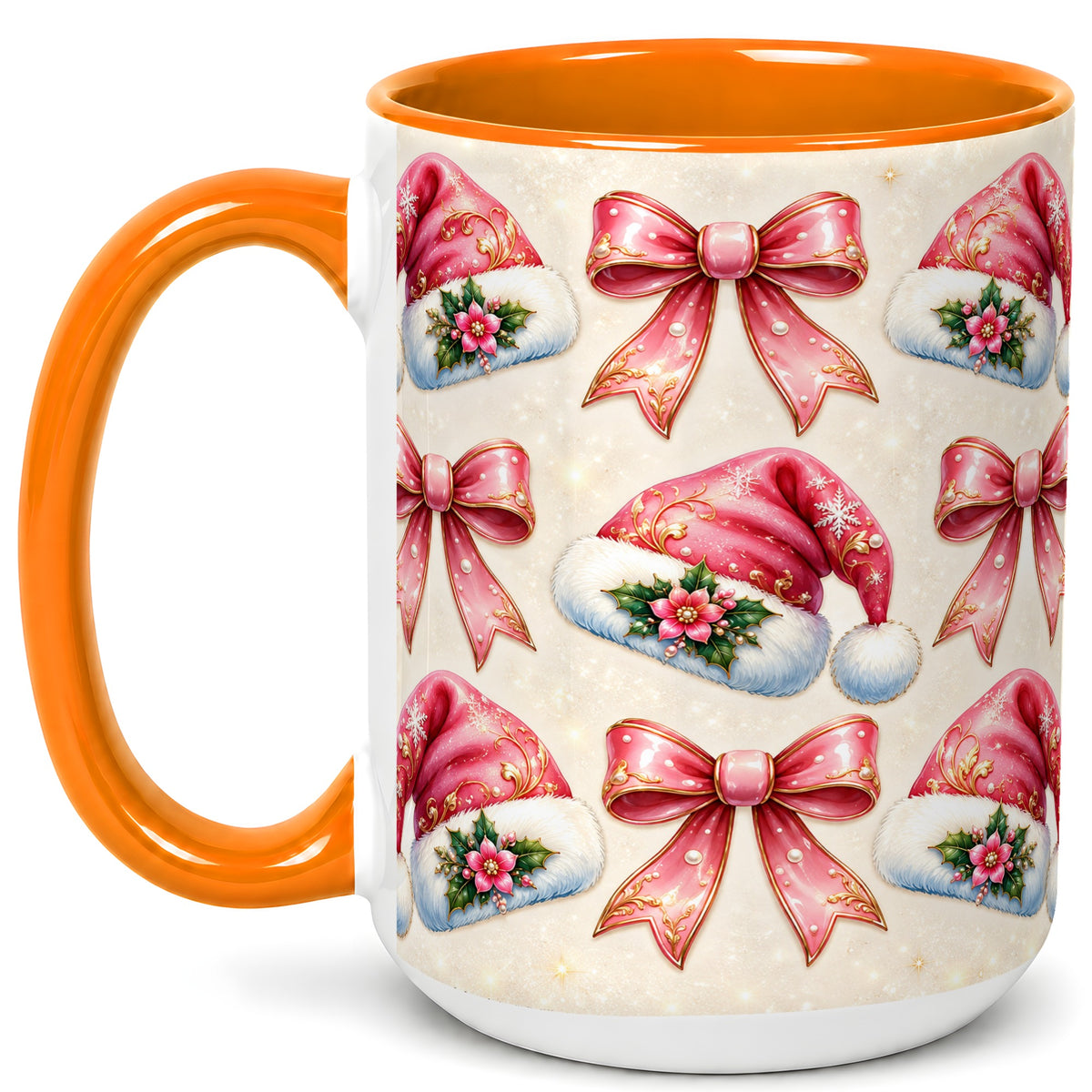 #pl[15oz|Orange] Pink Santa Hat Coffee Mug, Holiday Bow Mug, Ceramic Cup
