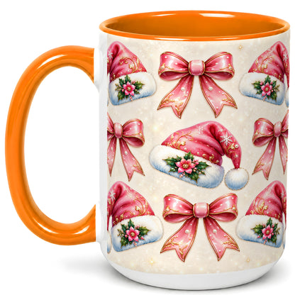 #pl[15oz|Orange] Pink Santa Hat Coffee Mug, Holiday Bow Mug, Ceramic Cup
