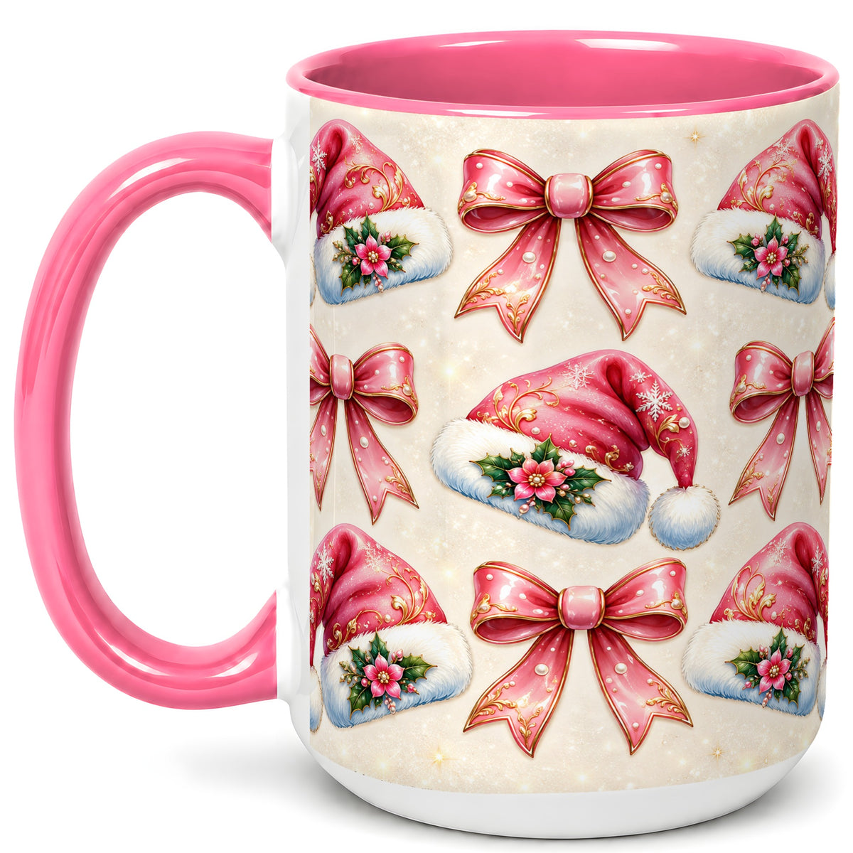 #pl[15oz|Pink] Pink Santa Hat Coffee Mug, Holiday Bow Mug, Ceramic Cup