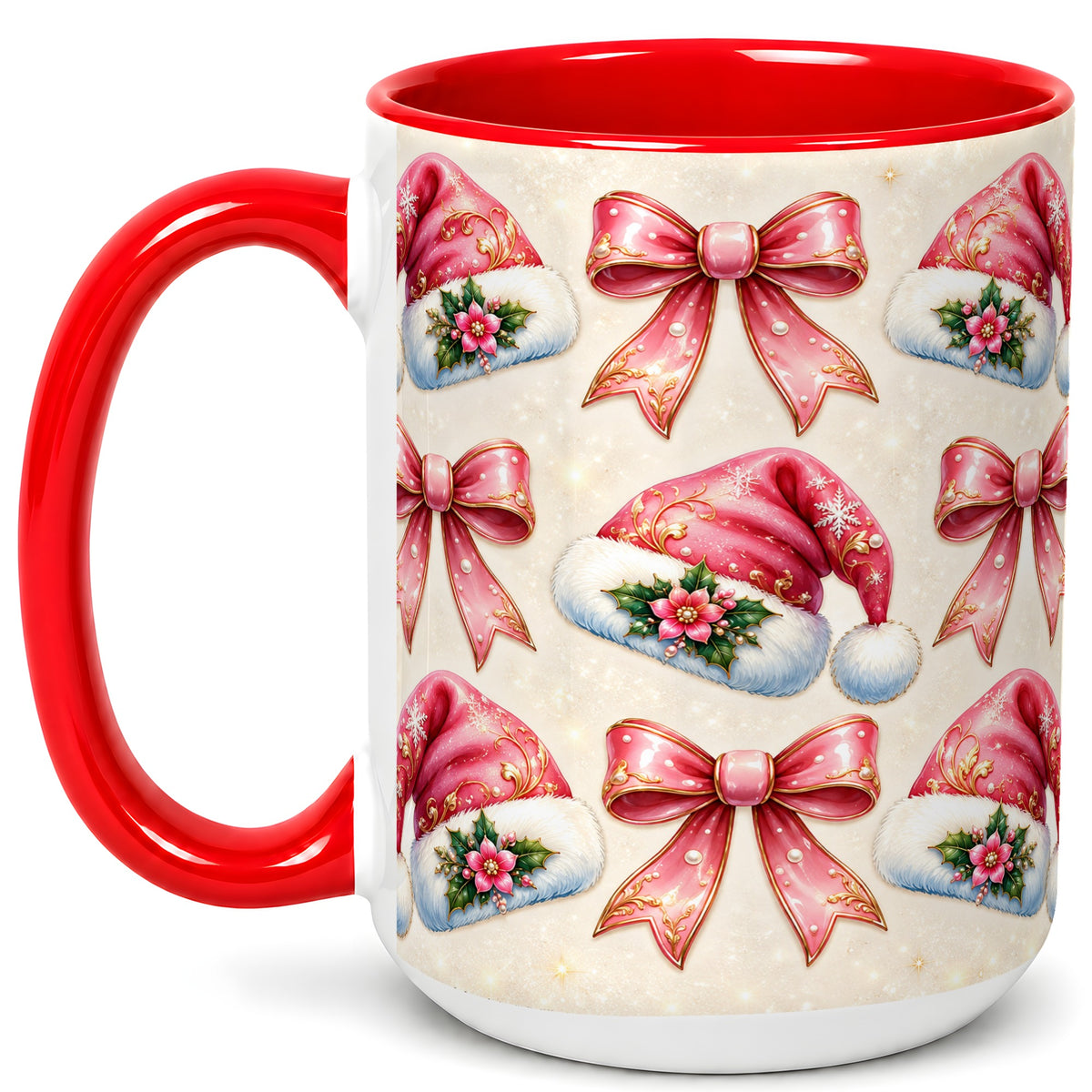 #pl[15oz|Red] Pink Santa Hat Coffee Mug, Holiday Bow Mug, Ceramic Cup