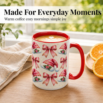#pl[15oz|Red] Pink Santa Hat Coffee Mug, Holiday Bow Mug, Ceramic Cup