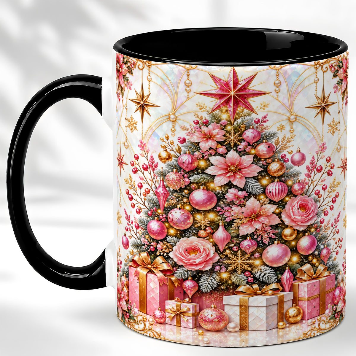 #pl[11oz|Black] Pink Christmas Tree Coffee Mug, Floral Holiday Mug, Ceramic Cup