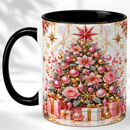 #pl[11oz|Black] Pink Christmas Tree Coffee Mug, Floral Holiday Mug, Ceramic Cup