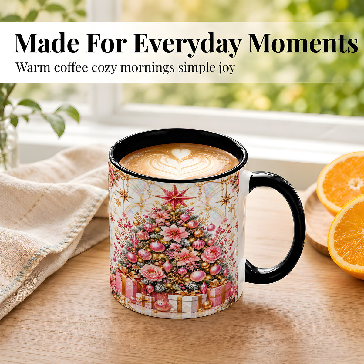 #pl[11oz|Black] Pink Christmas Tree Coffee Mug, Floral Holiday Mug, Ceramic Cup