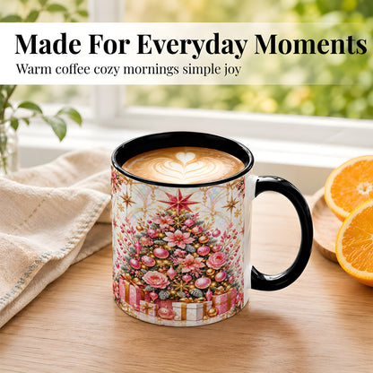 #pl[11oz|Black] Pink Christmas Tree Coffee Mug, Floral Holiday Mug, Ceramic Cup