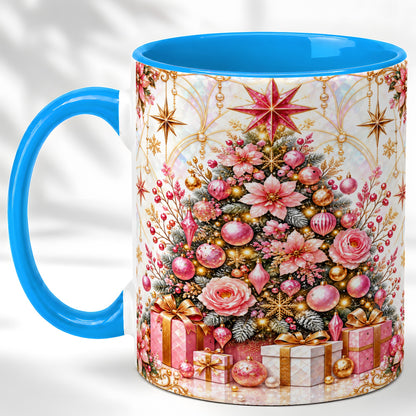 #pl[11oz|Blue] Pink Christmas Tree Coffee Mug, Floral Holiday Mug, Ceramic Cup