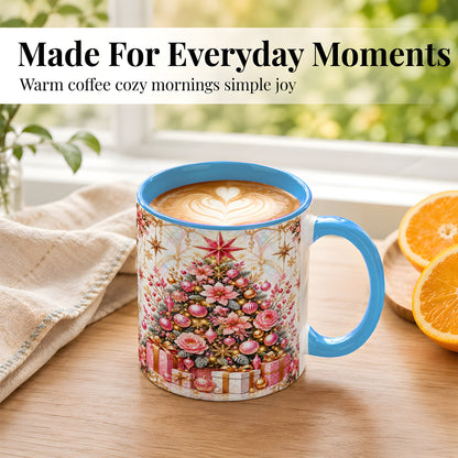 #pl[11oz|Blue] Pink Christmas Tree Coffee Mug, Floral Holiday Mug, Ceramic Cup