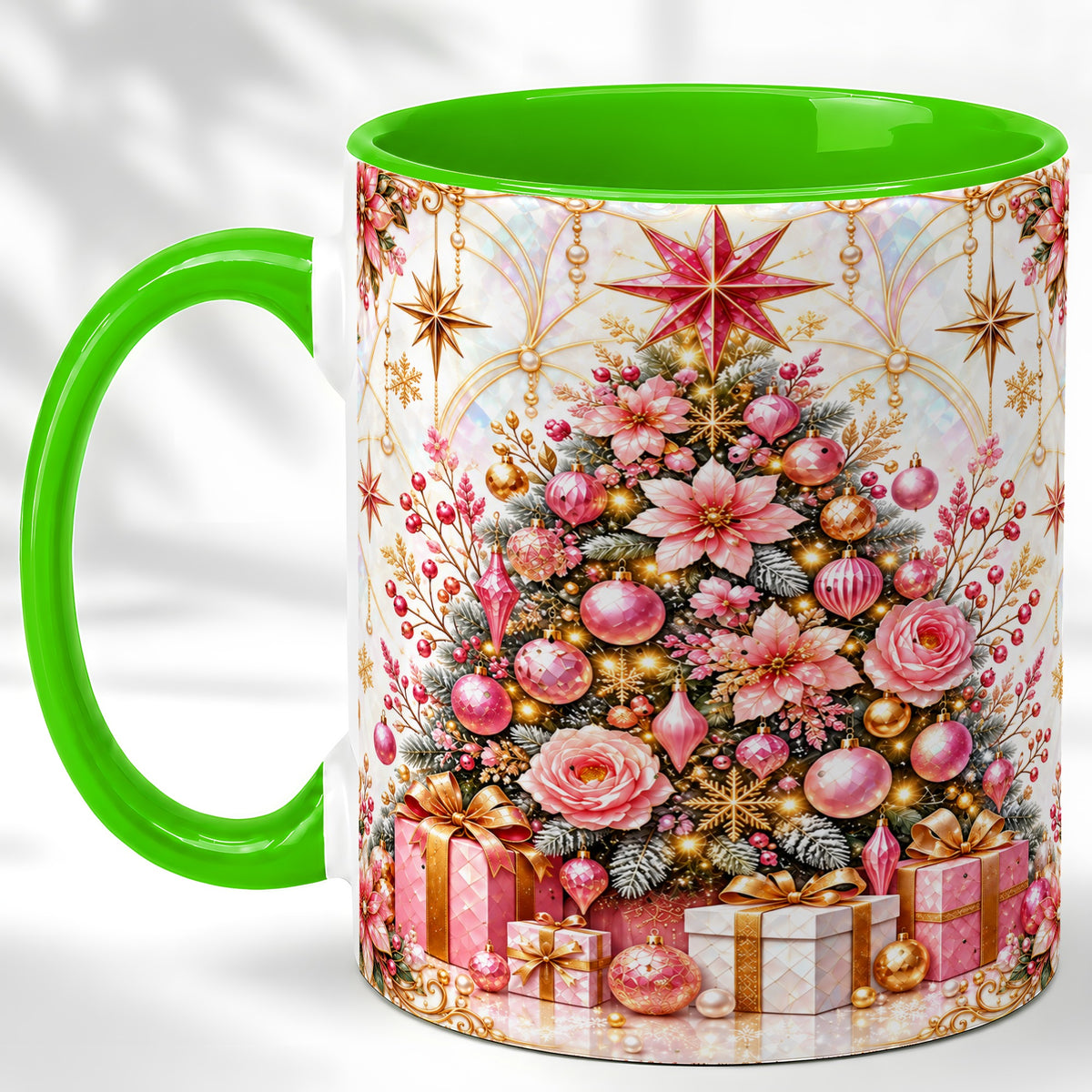 #pl[11oz|Green] Pink Christmas Tree Coffee Mug, Floral Holiday Mug, Ceramic Cup