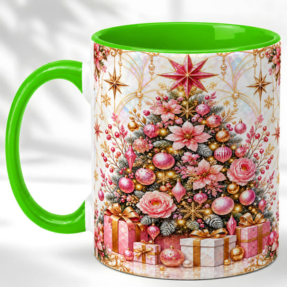#pl[11oz|Green] Pink Christmas Tree Coffee Mug, Floral Holiday Mug, Ceramic Cup